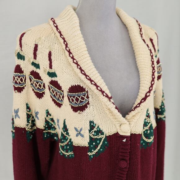 Talbots Sweater Womens Medium Ivory Burgundy Holiday Cardigan Hand Knit Vintage - Picture 6 of 14